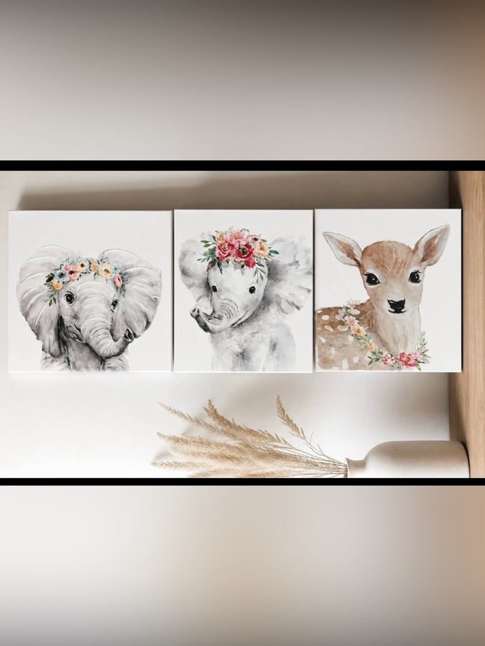 Floral Baby Animals Wall Art Trio - Pink & Cream Nursery Canvas